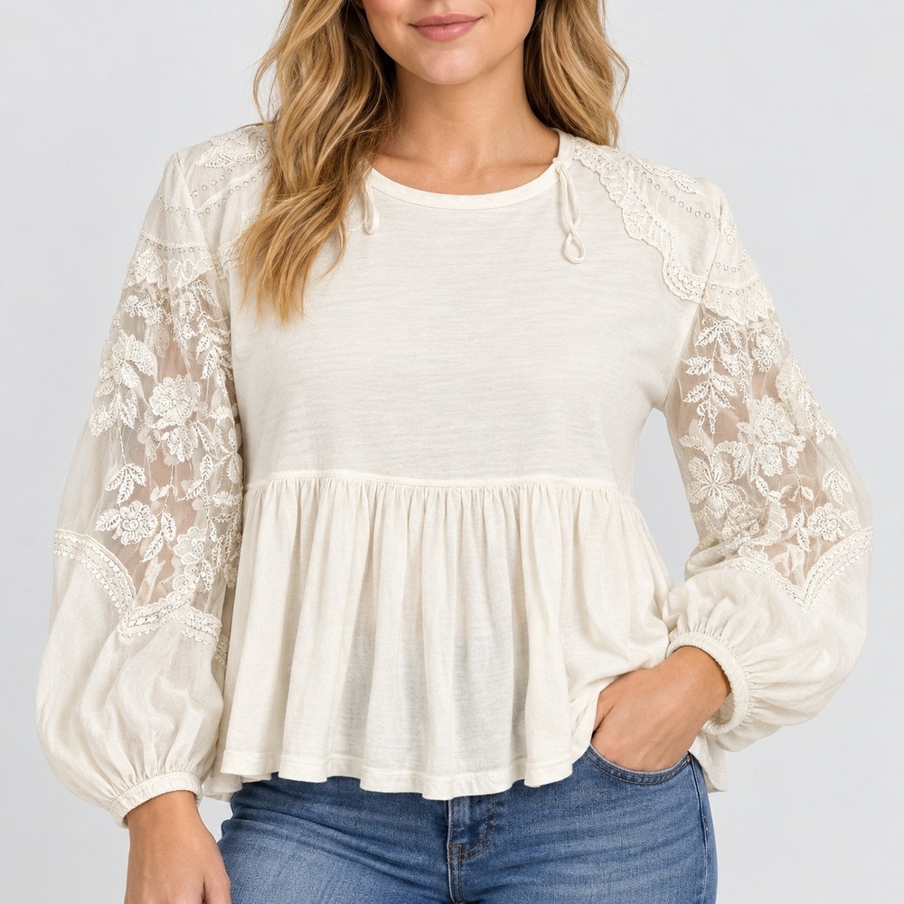 Free People White Lace Embroidered Peplum Long Sleeve Boho Blouse Womens Medium